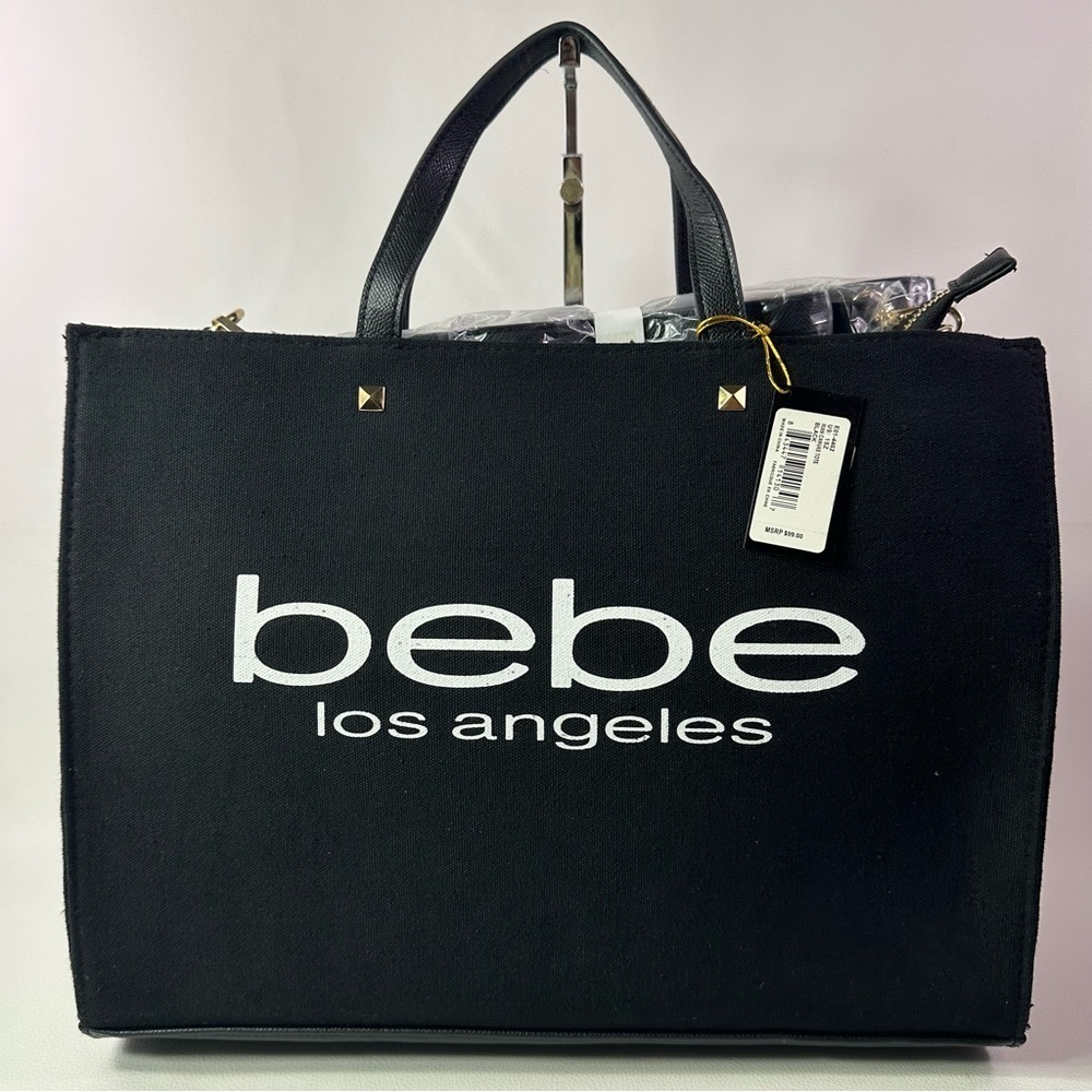 NEW Women’s Bebe Rian Black Canvas Tote Bag w/Gold Studs
